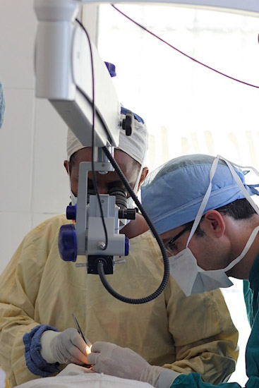Dr. Dimmig teaches Dr. Yewunesh Ahmed glaucoma valve surgery.